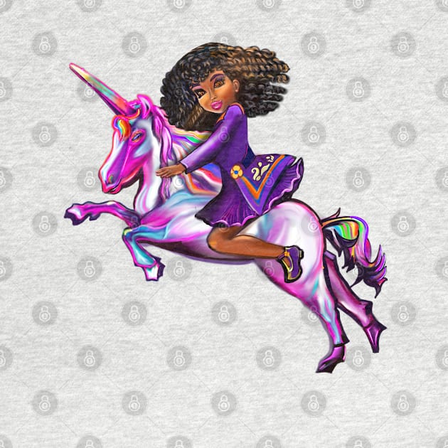 Curly hair Princess on a unicorn pony, lit up- black girl with curly afro hair on a horse by Artonmytee